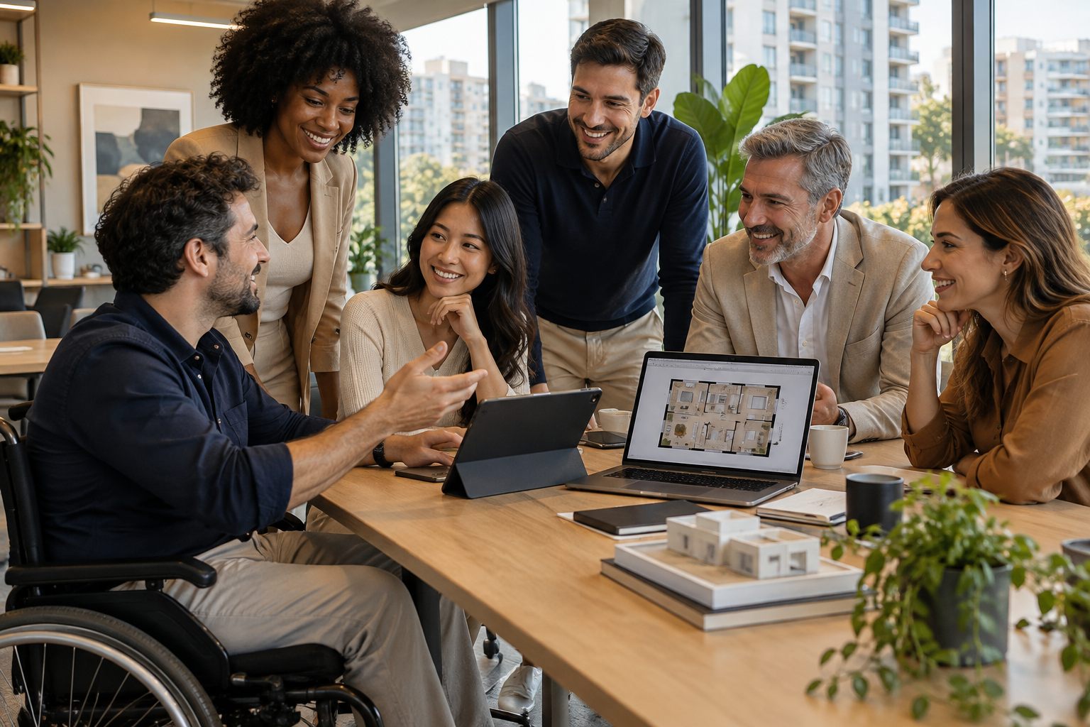 Equipe diversa de corretores de imóveis reunida em volta de uma mesa num escritório claro, olhando a planta de um apartamento num tablet e num notebook; um deles, em cadeira de rodas, conduz a conversa.
